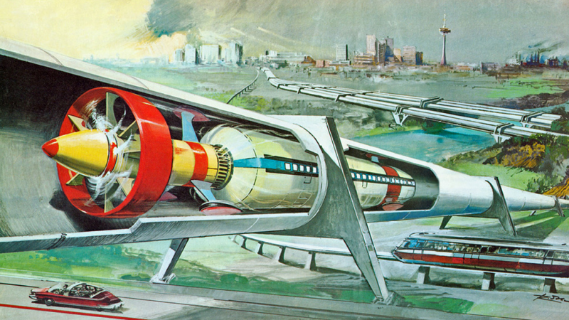 A 1974 concept painting of a vacuum train.