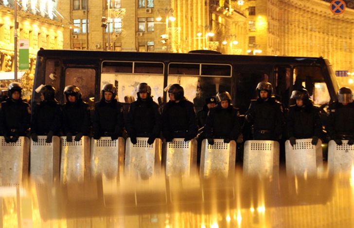 Ukrainian Police stand guard in Independence Square in Kiev.