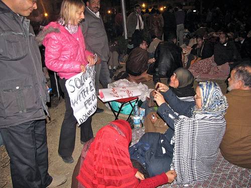 Code Pink founder Medea Benjamin mingling with the protesters in Tahrir Square. (Founding Bloggers)