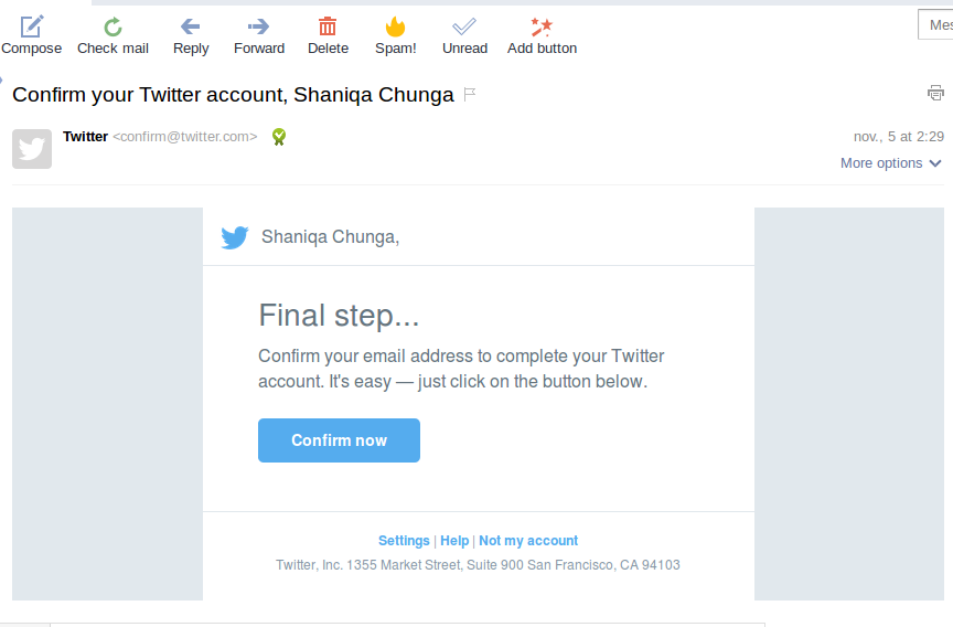 Receive email confirmation of fake Twitter account