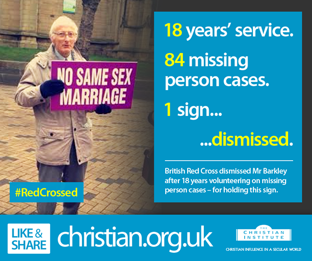 Bryan Barkley, who staged a solo protest against same sex marriage in his own time, has now been sacked by the Red Cross.