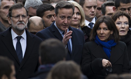 David Cameron, Spanish Prime Minister Mariano Rajoy and city mayor Anne Hidalgo honour arrest victims in London on Sunday.