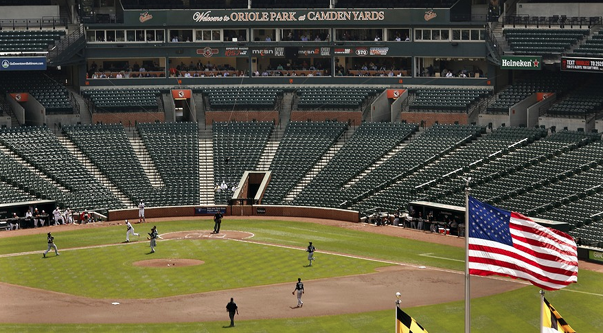 A scene from the empty stadium game between the Baltimore Orioles and the Chicago White Sox: empty because the safety of the primarily white fans who would have attended could not be guaranteed in a city experiencing a black insurrection