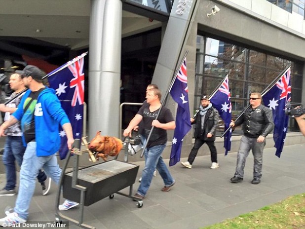 The United Patriots Front strikes terror in the hearts and stomachs of Islamic terrorists and their supporters armed with a roasting pig.