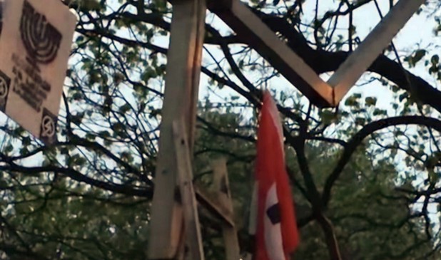 The innovative young nationalists used a ladder to climb up the offensive lamp stand.
