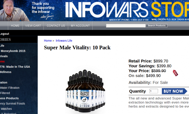 This penis juice retails for  $899.70 - but Alex Jewns will give it to you for a mere $499.90! He is losing money on this deal, folks, but he cares personally about your virility!