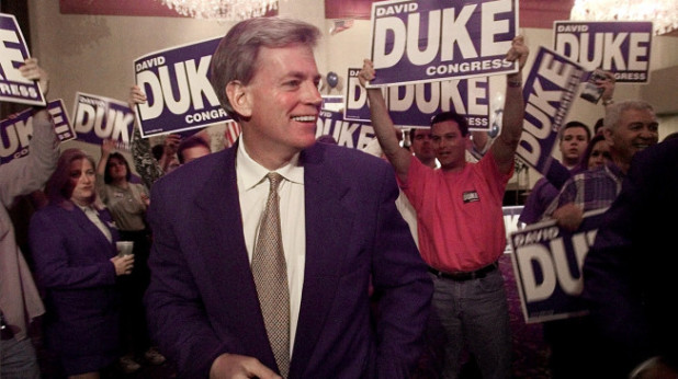 David Duke, the former Ku Klux Klansman, greets supporters in  a Metairie, La. hotel Saturday, May 1, 1999.  Former Gov. Dave Treen led the race Saturday to replace Bob Livingston in the House while Duke and three others vied for second place and a spot in a May 29 runoff. (AP Photo/J. Pat Carter)