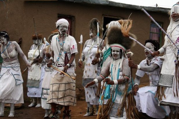 B0CHMD Xhosa sangomas in Mgwali village, Eastern Cape of South Africa performing a cultural dance.